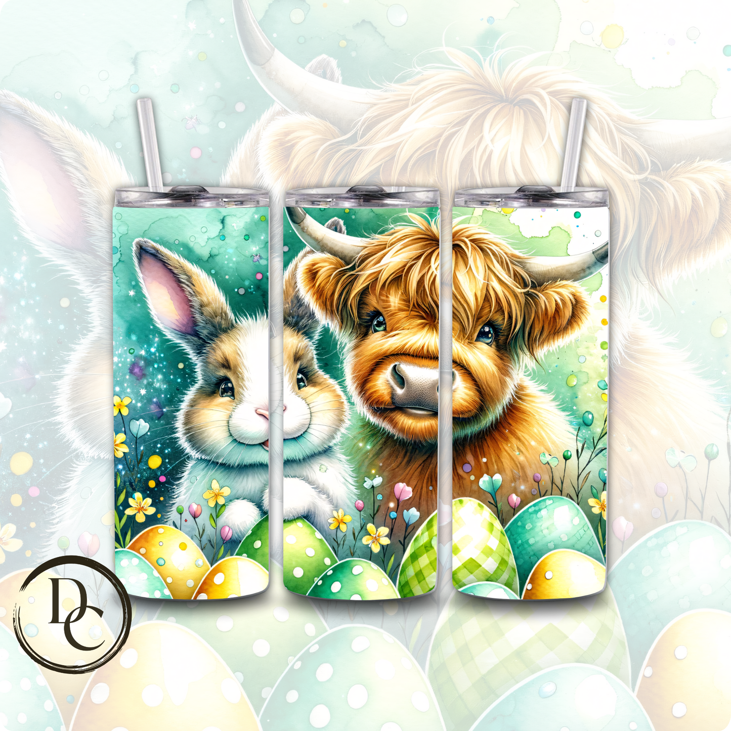 Easter Highland Cow Decorated Eggs 20 oz Custom Sublimation Tumbler Stainless Steel Insulated # 19