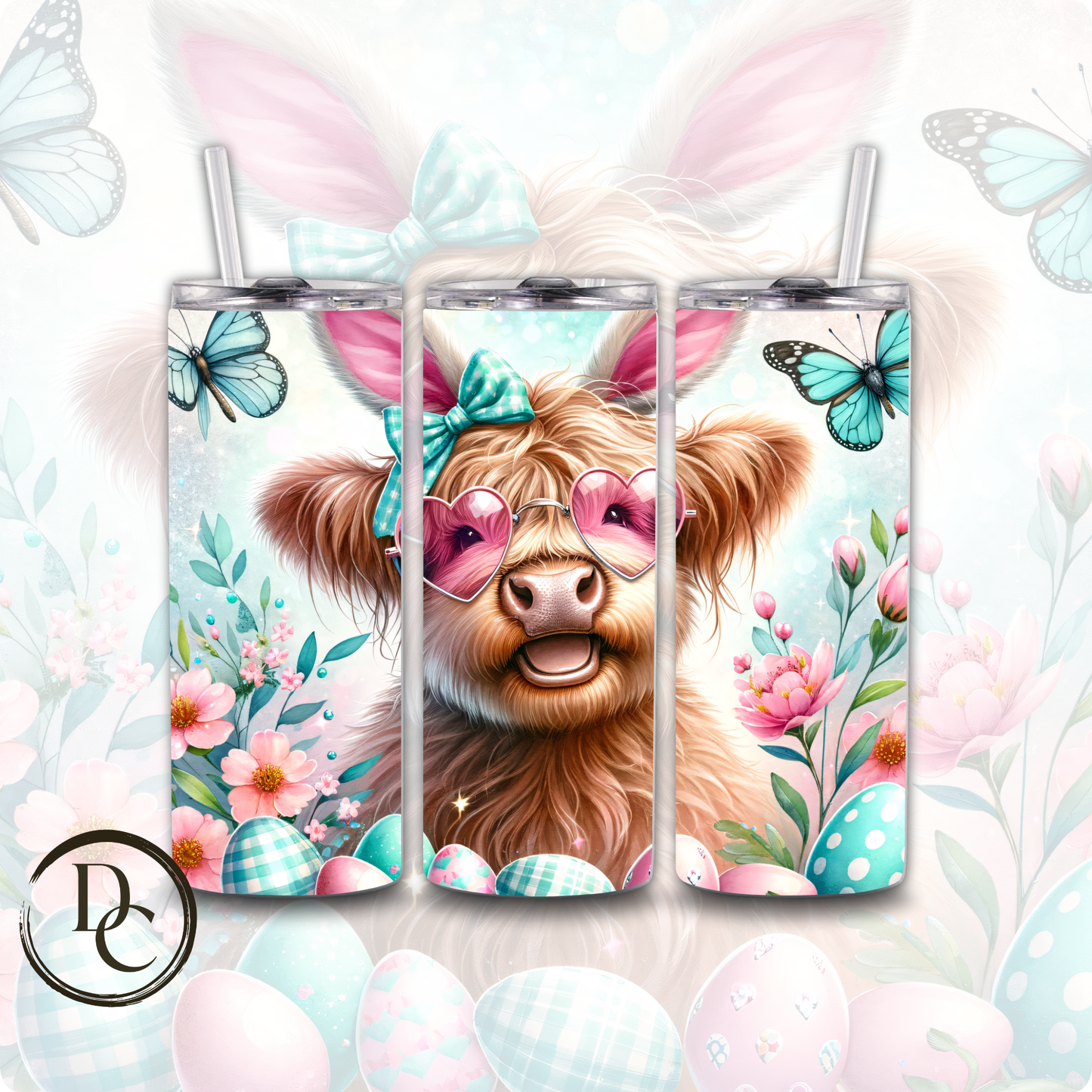 Easter Highland Cow Decorated Eggs 20 oz Custom Sublimation Tumbler Stainless Steel Insulated # 19