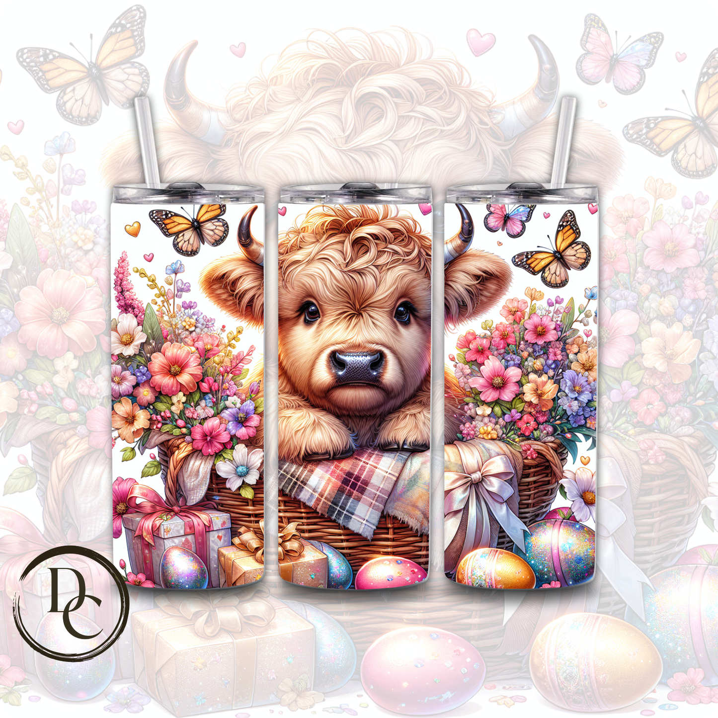 Easter Highland Cow Easter Bunny Decorated Eggs 20 oz Custom Sublimation Tumbler Stainless Steel Insulated # 11