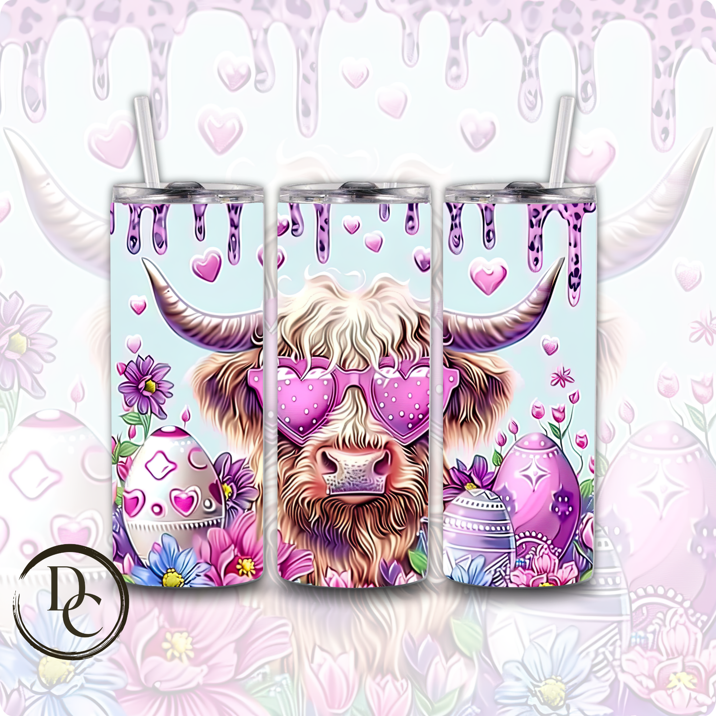 Easter Highland Cow Easter Bunny Decorated Eggs 20 oz Custom Sublimation Tumbler Stainless Steel Insulated # 11