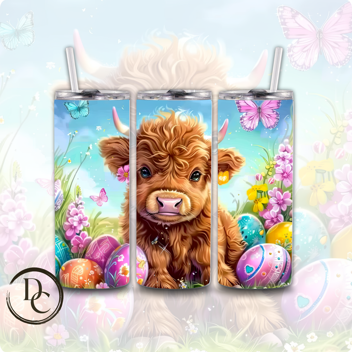 Easter Highland Cow Easter Bunny Decorated Eggs 20 oz Custom Sublimation Tumbler Stainless Steel Insulated # 11