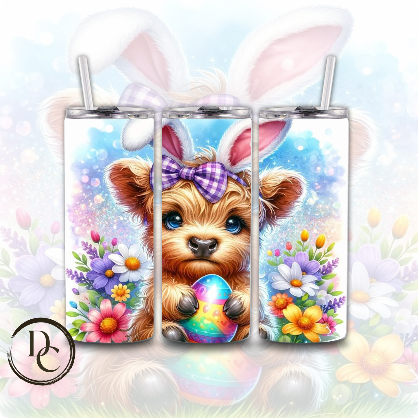 Easter Highland Cow Easter Bunny Decorated Eggs 20 oz Custom Sublimation Tumbler Stainless Steel Insulated # 11