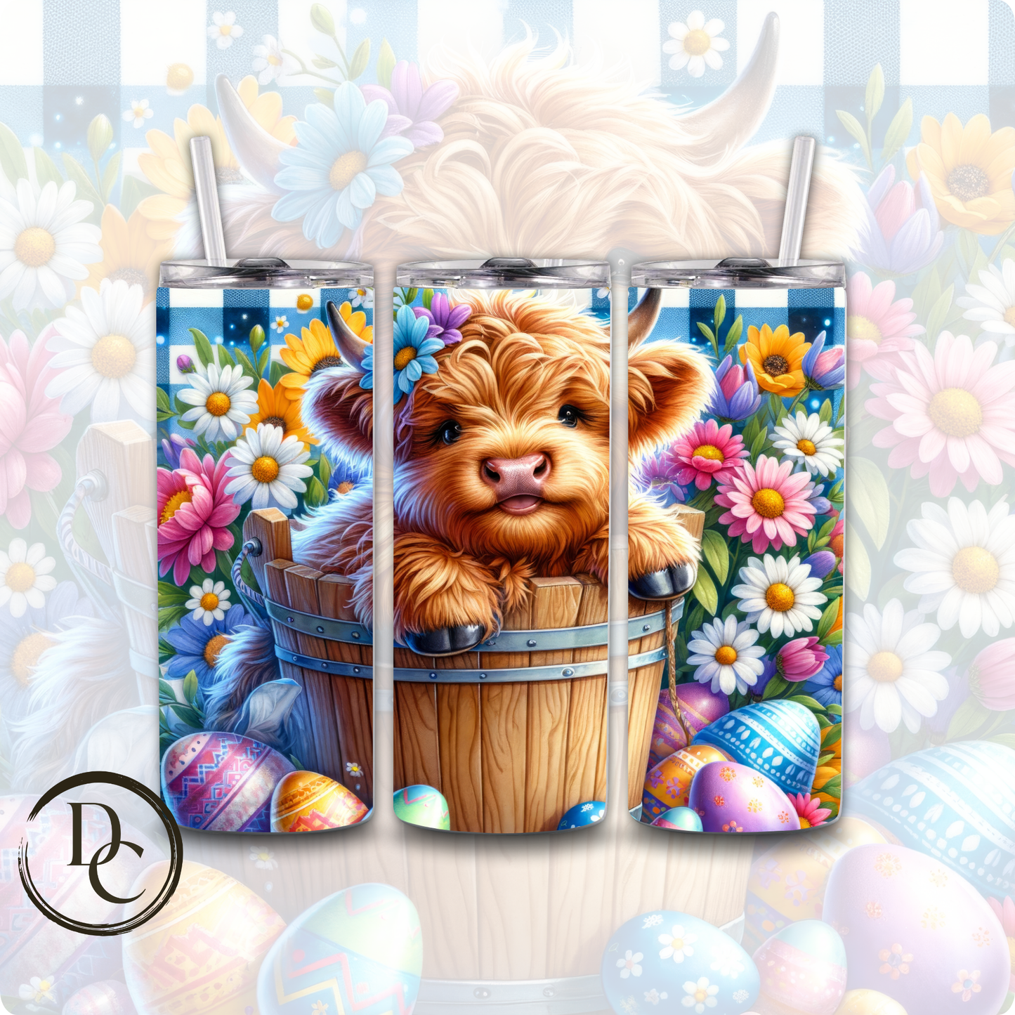 Easter Highland Cow Decorated Eggs 20 oz Custom Sublimation Tumbler Stainless Steel Insulated # 19