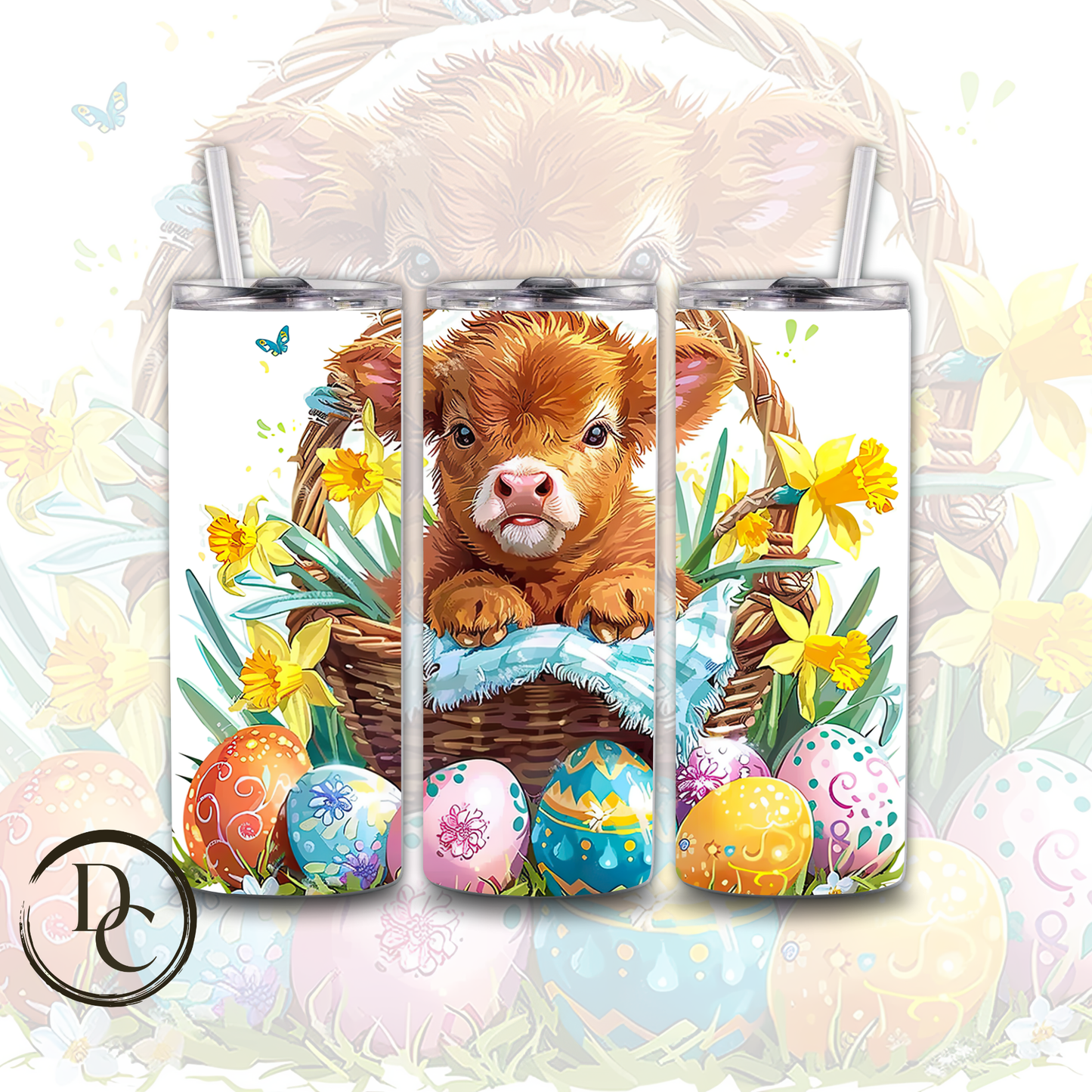 Easter Highland Cow Easter Bunny Decorated Eggs 20 oz Custom Sublimation Tumbler Stainless Steel Insulated # 11