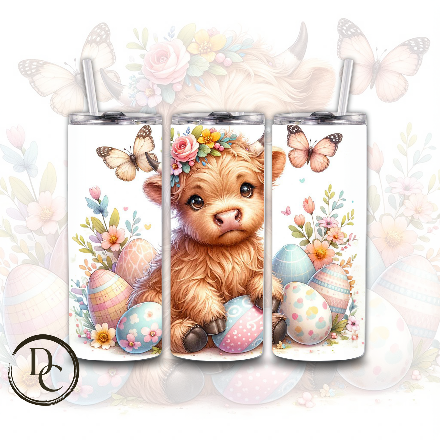 Easter Highland Cow Easter Bunny Decorated Eggs 20 oz Custom Sublimation Tumbler Stainless Steel Insulated # 11