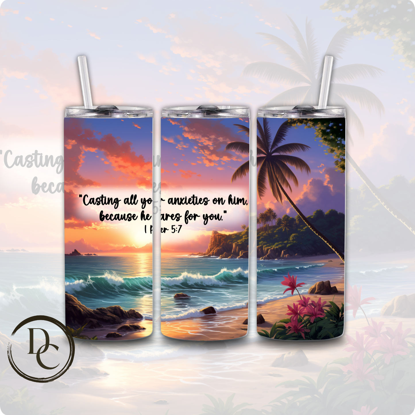 1 Peter 5:7 Bible Verse Religious 20 oz Custom Sublimation Tumbler Stainless Steel Insulated 