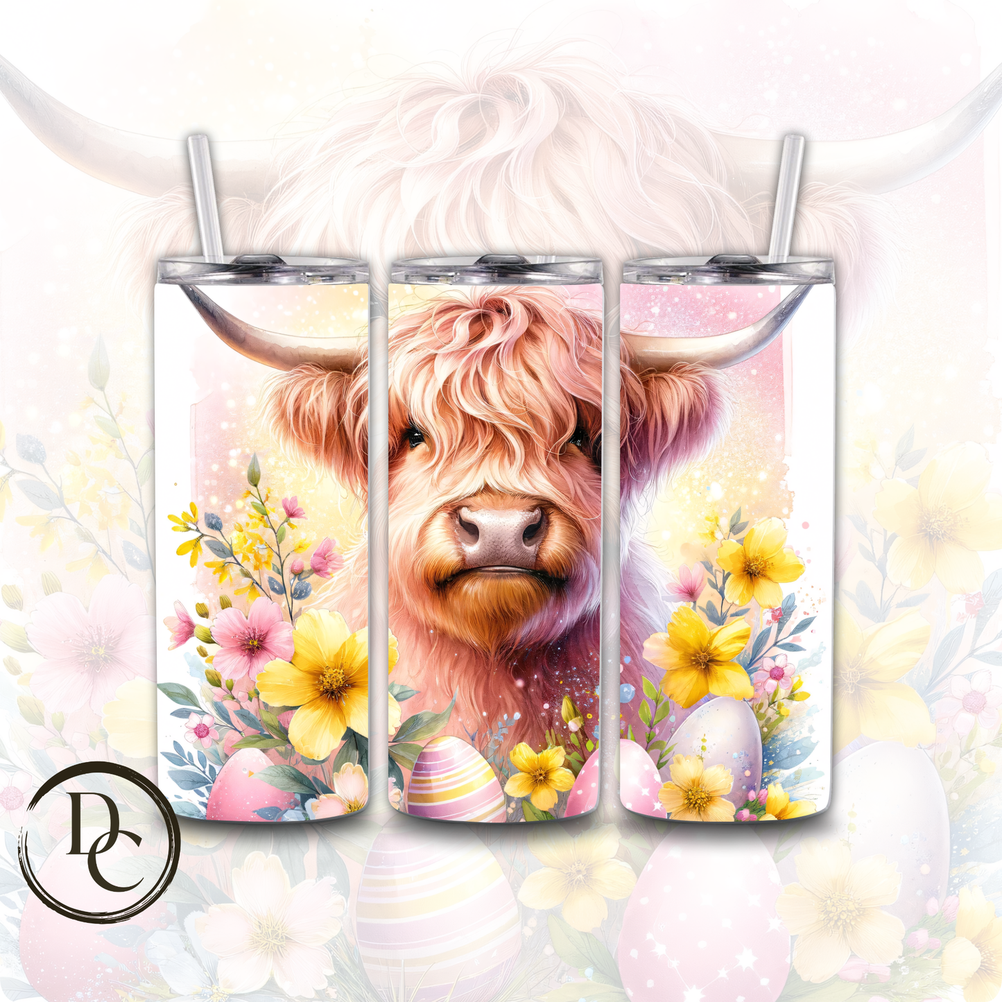 Easter Highland Cow Decorated Eggs 20 oz Custom Sublimation Tumbler Stainless Steel Insulated # 19