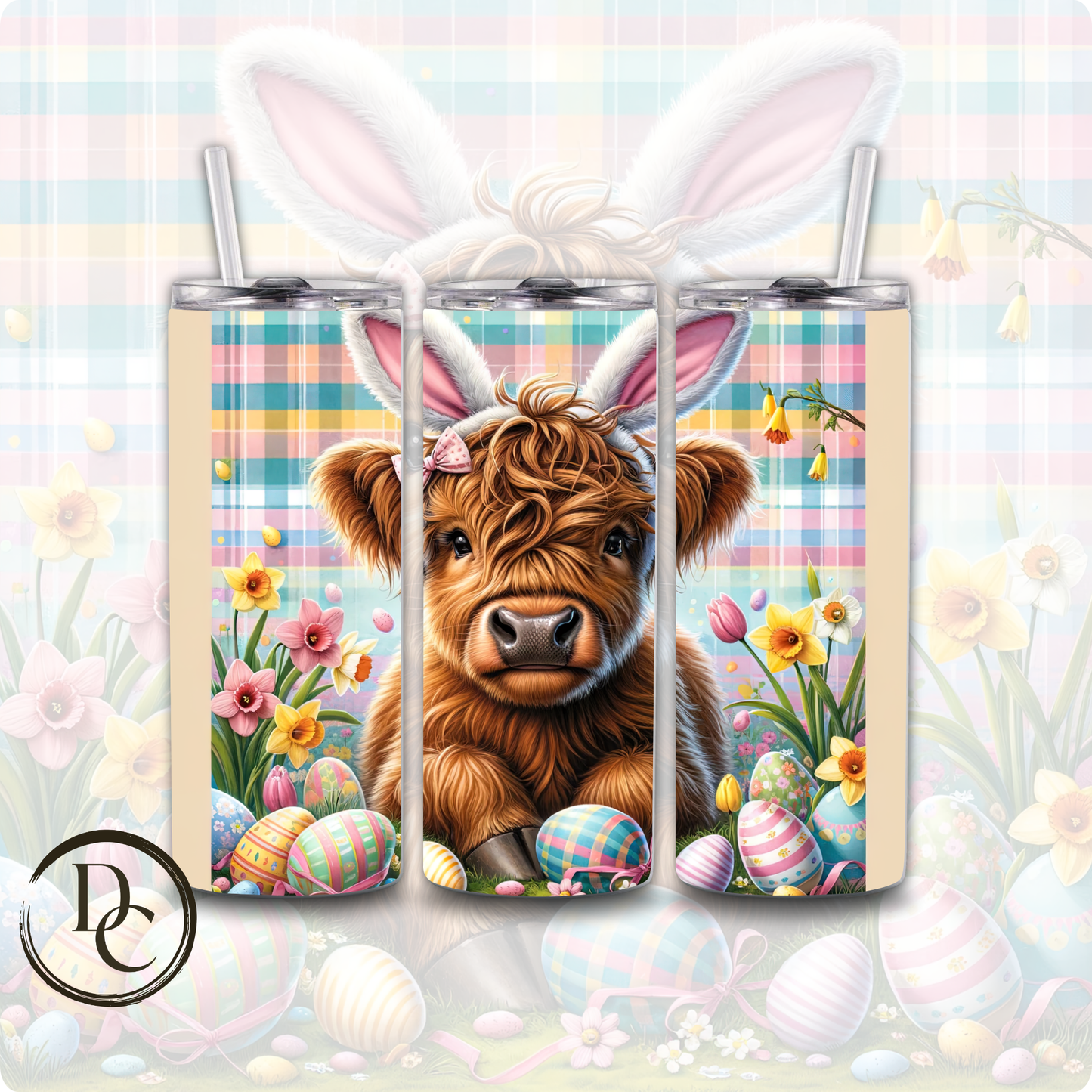 Easter Highland Cow Bow Bunny Decorated Eggs 20 oz Custom Sublimation Tumbler Stainless Steel Insulated # 29