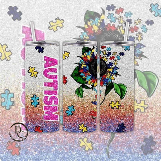 AUTISM Glitter Puzzle Pieces Flower 20 oz Custom Sublimation Tumbler Stainless Steel 42