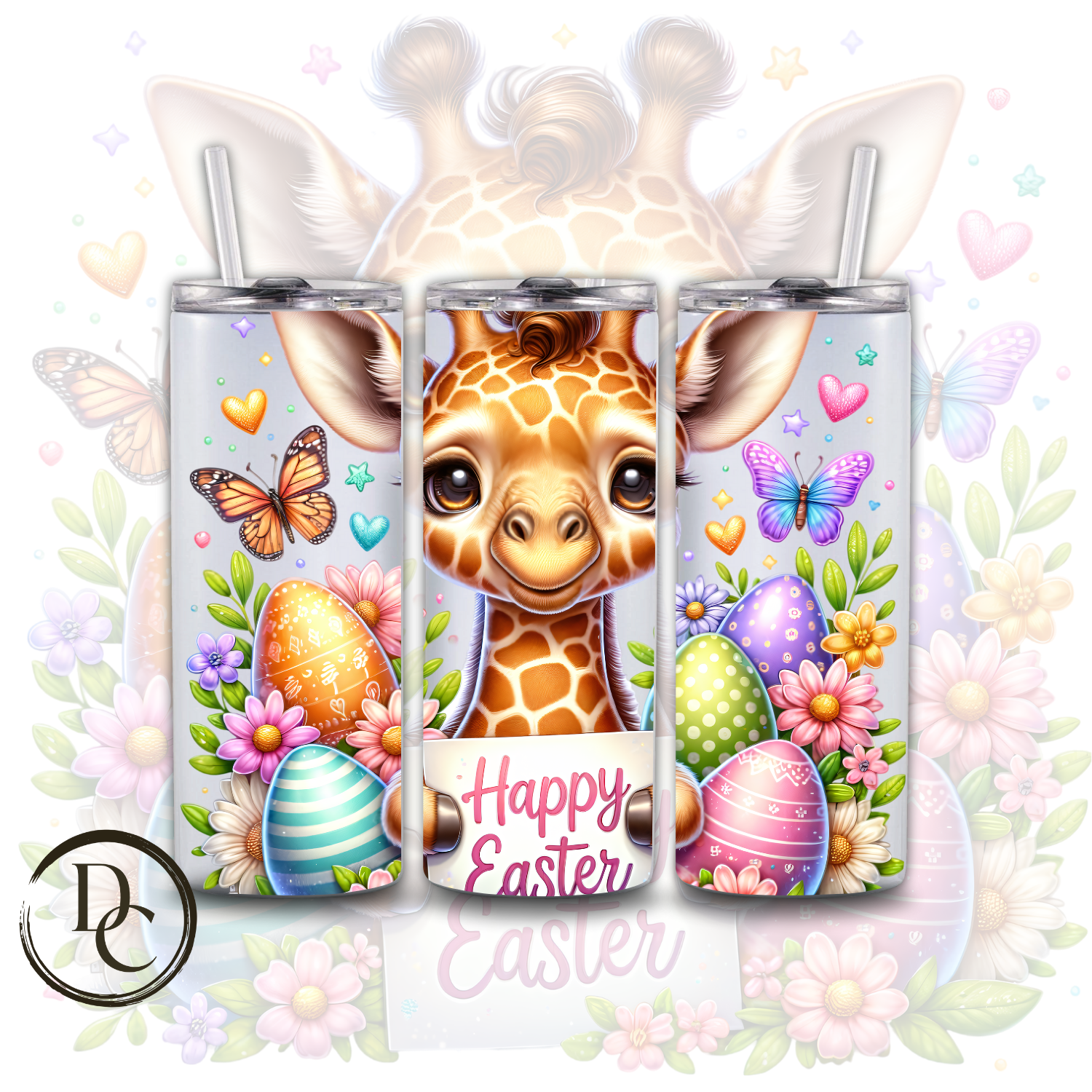 Easter Giraffe Eggs and Butterflies 20 Oz Custom Sublimation Tumbler Stainless Steel Insulated