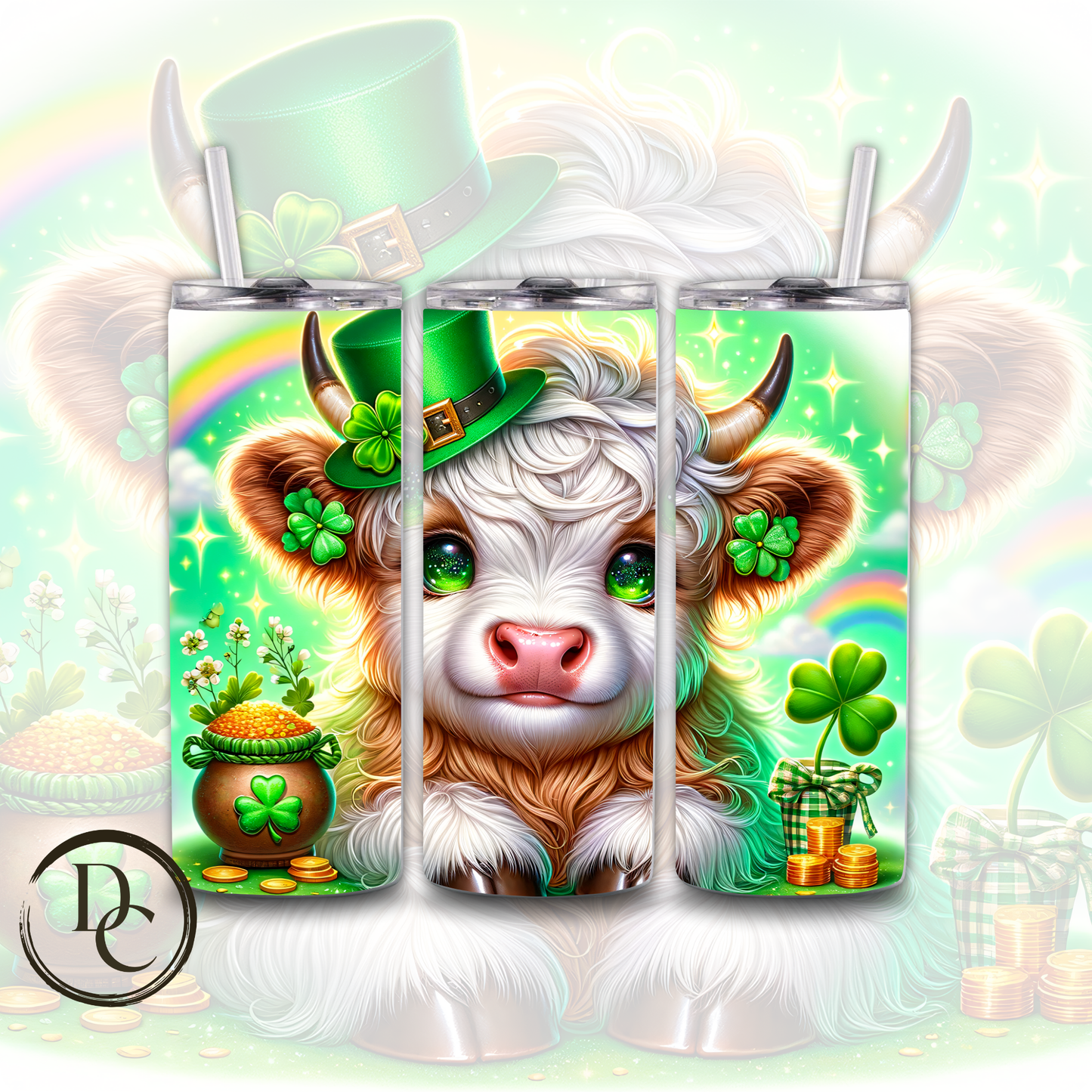 Highland Cow Tan Horns Hat Bow Tie Clovers Pot of Gold ST Patrick Day 20 oz Custom Sublimation Tumbler Stainless Steel Insulated #16