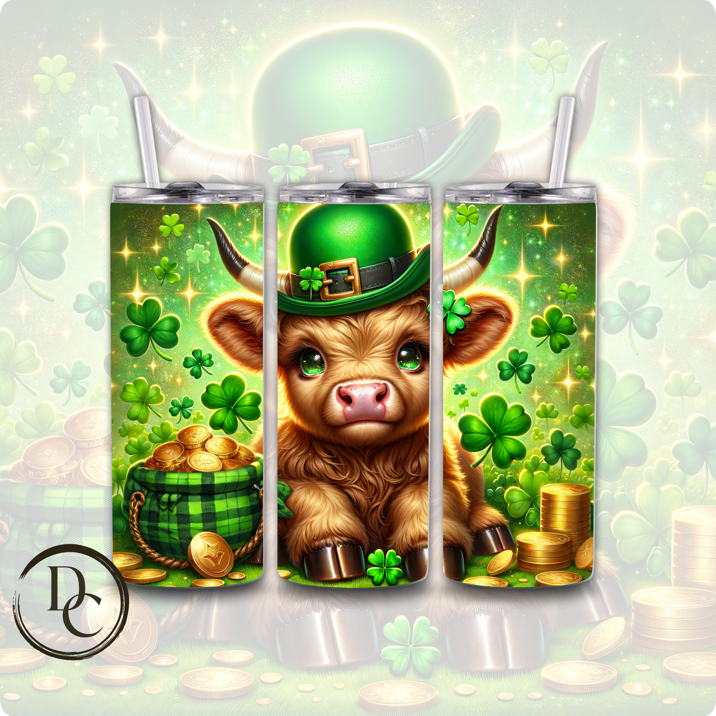 Highland Cow White and Tan Horns Hat Bow Tie Clovers Pot of Gold ST Patrick Day 20 oz Custom Sublimation Tumbler Stainless Steel Insulated #14