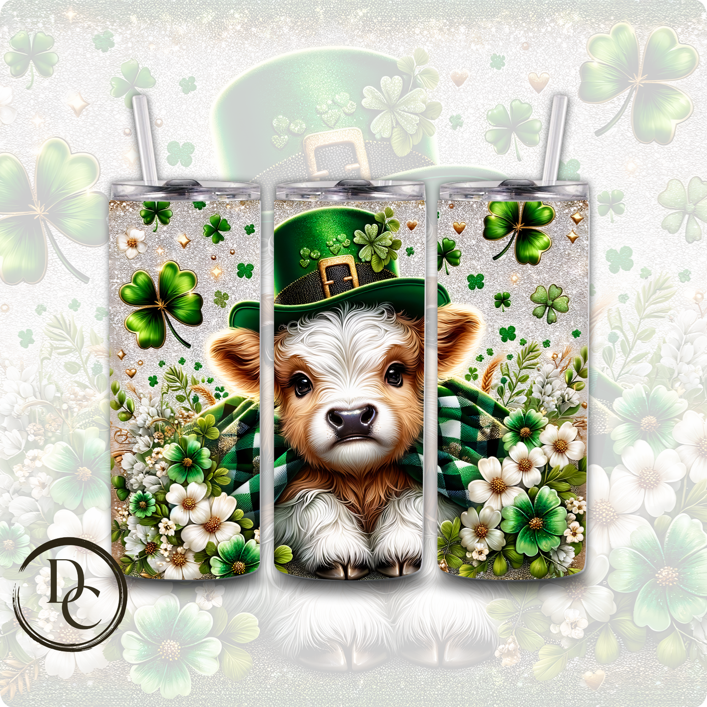 Highland Cow Tan Horns Hat Bow Tie Clovers Pot of Gold ST Patrick Day 20 oz Custom Sublimation Tumbler Stainless Steel Insulated #16