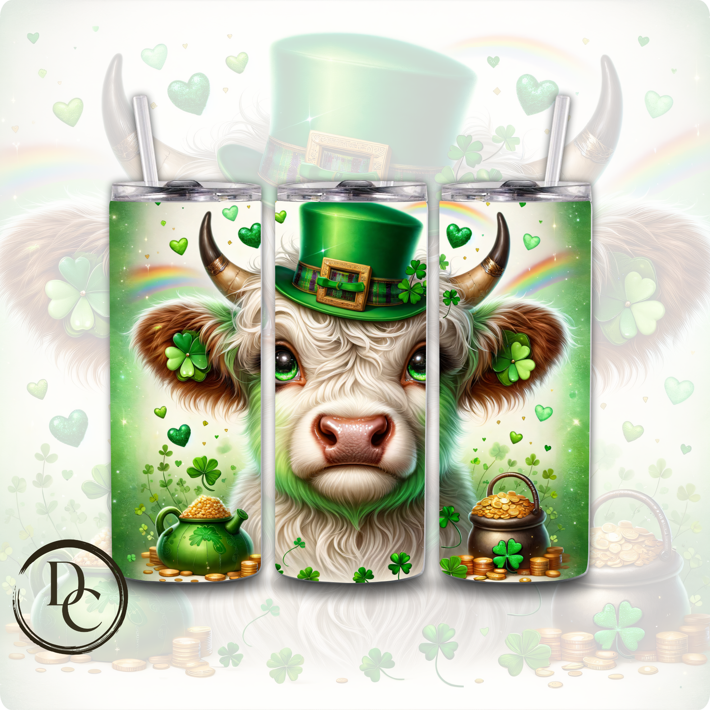 Highland Cow White and Tan Horns Hat Bow Tie Clovers Pot of Gold ST Patrick Day 20 oz Custom Sublimation Tumbler Stainless Steel Insulated #14