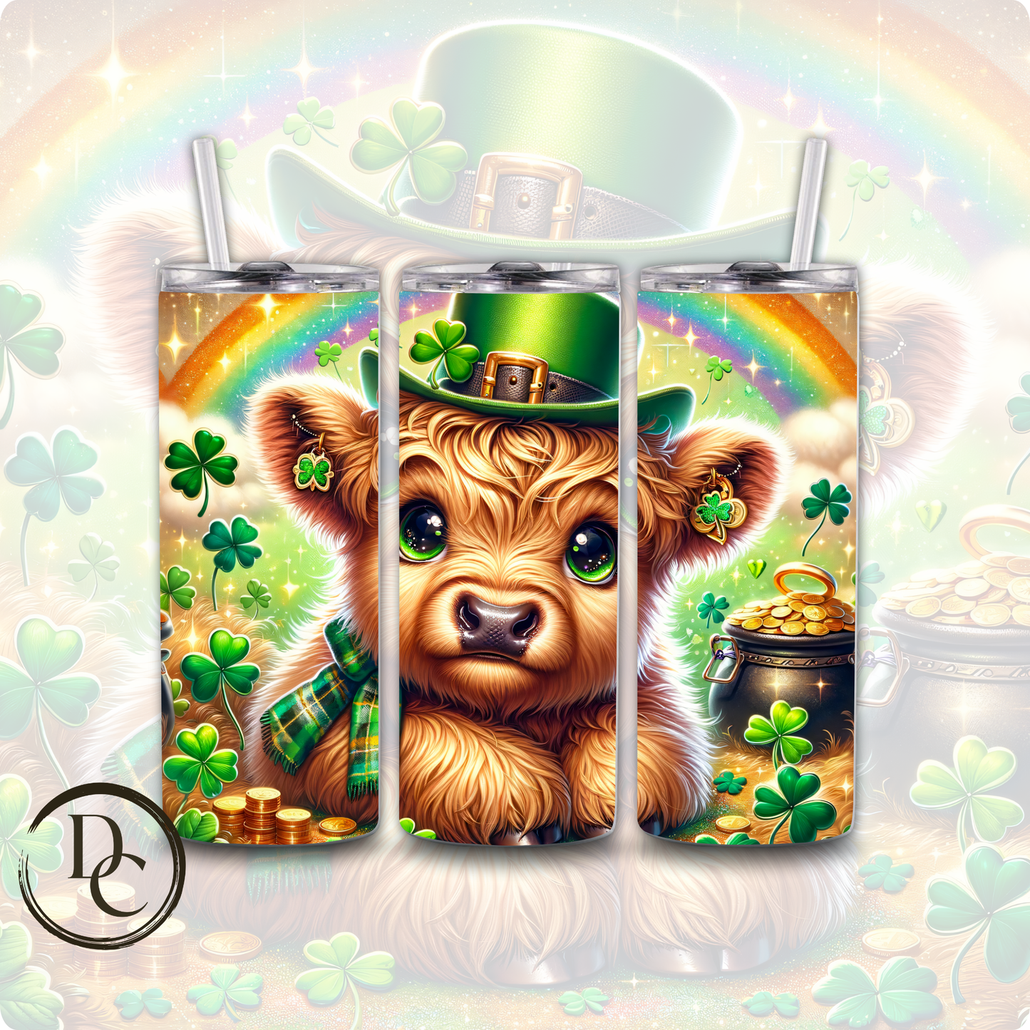 Highland Cow White and Tan Horns Hat Bow Tie Clovers Pot of Gold ST Patrick Day 20 oz Custom Sublimation Tumbler Stainless Steel Insulated #14