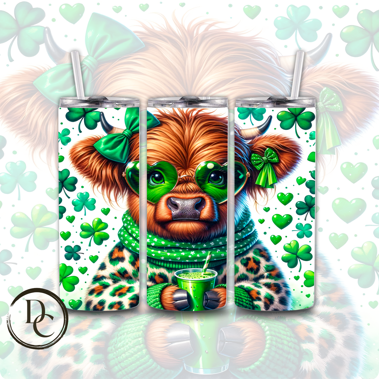 Highland Cow Tan Horns Hat Bow Tie Clovers Pot of Gold ST Patrick Day 20 oz Custom Sublimation Tumbler Stainless Steel Insulated #16