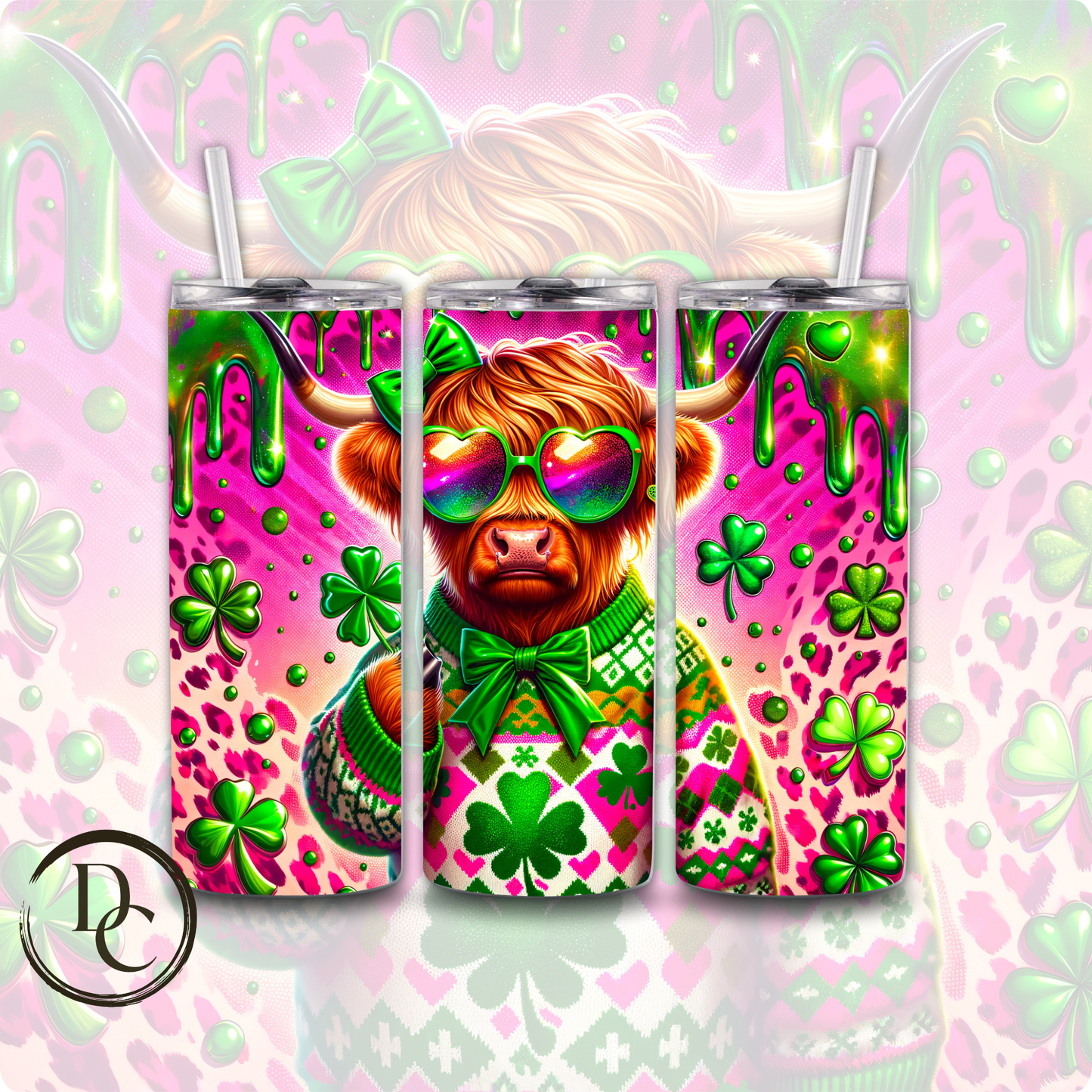 Highland Cow White Horns Clovers Pot of Gold ST Patrick Day 20 oz Custom Sublimation Tumbler Stainless Steel Insulated #19