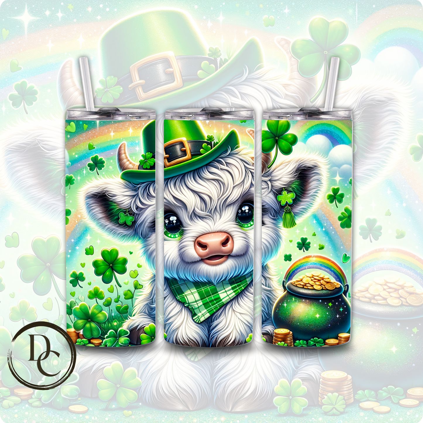 Highland Cow White and Tan Horns Hat Bow Tie Clovers Pot of Gold ST Patrick Day 20 oz Custom Sublimation Tumbler Stainless Steel Insulated #14