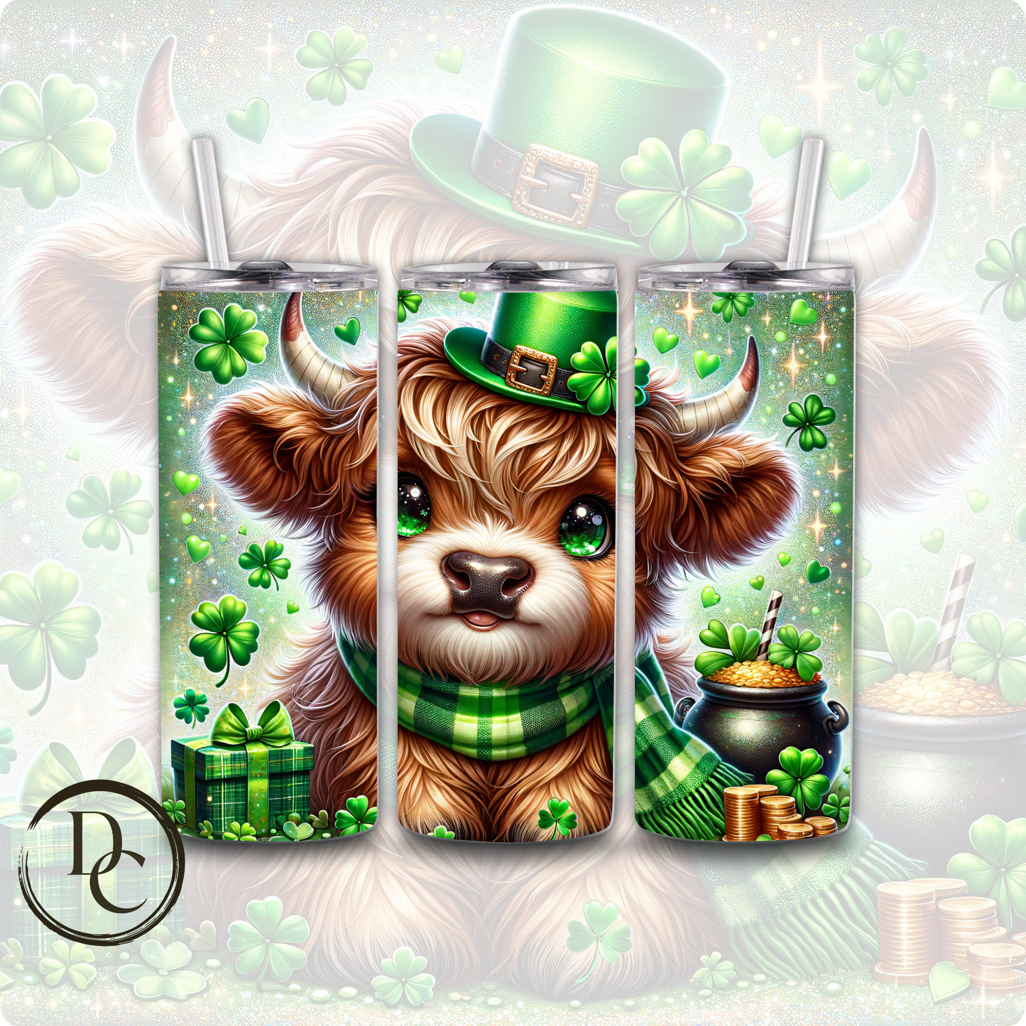 Highland Cow Tan Horns Hat Bow Tie Clovers Pot of Gold ST Patrick Day 20 oz Custom Sublimation Tumbler Stainless Steel Insulated #16