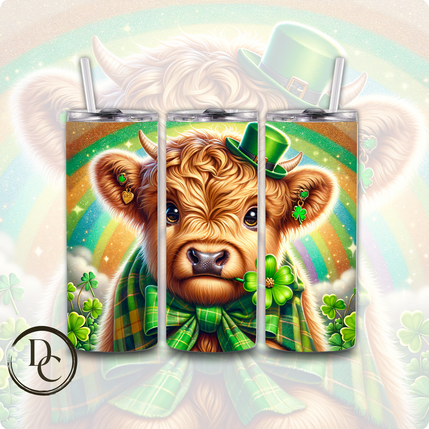 Highland Cow Tan Horns Hat Bow Tie Clovers Pot of Gold ST Patrick Day 20 oz Custom Sublimation Tumbler Stainless Steel Insulated #16