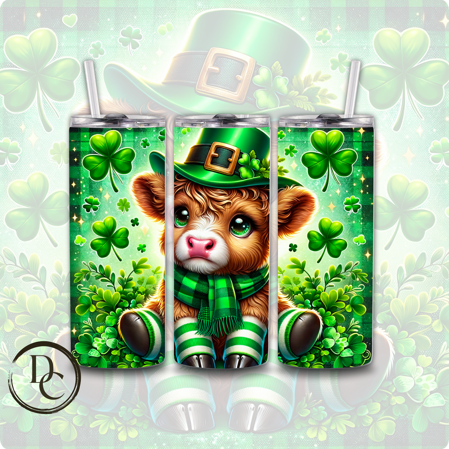 Highland Cow Brown Horns Pink Background Clovers Pot of Gold ST Patrick Day 20 oz Custom Sublimation Tumbler Stainless Steel Insulated #18