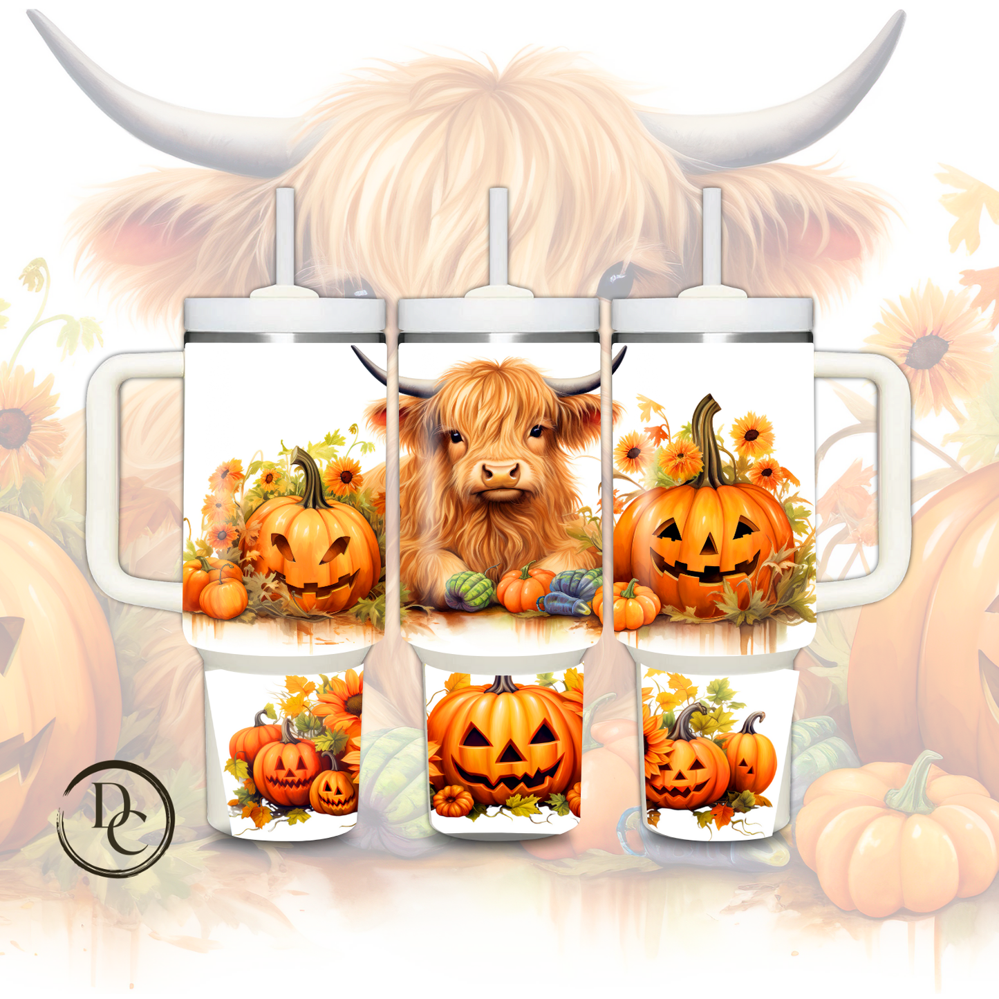 Highland Cow Pumpkin 30 oz & 40 Oz Custom Sublimation Tumbler Stainless Steel Insulated #11