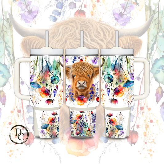 Highland Cow Floral 30 oz & 40 Oz Custom Sublimation Tumbler Stainless Steel Insulated #17