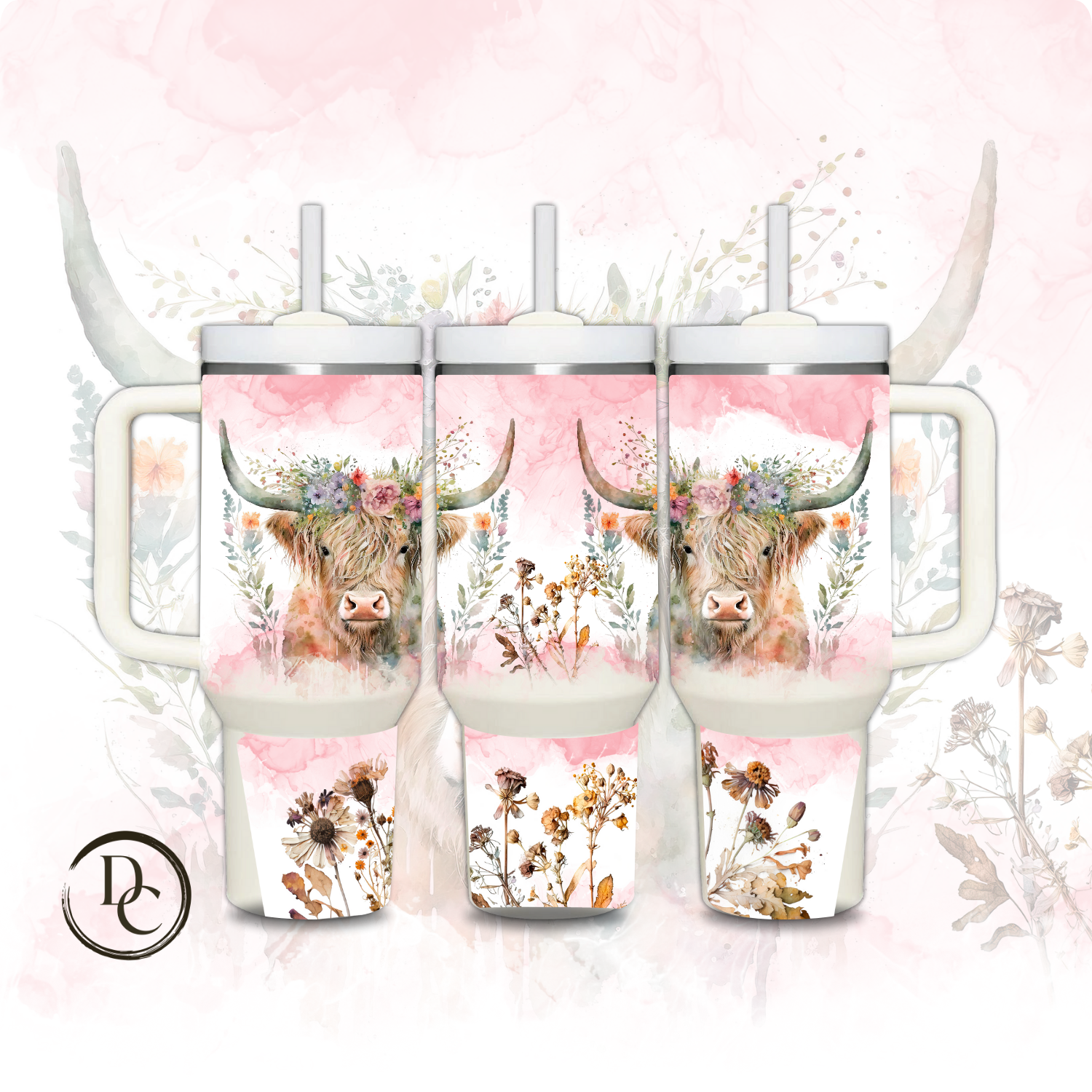 Pink Floral Highland Cow 30 oz & 40 Oz Custom Sublimation Tumbler Stainless Steel Insulated