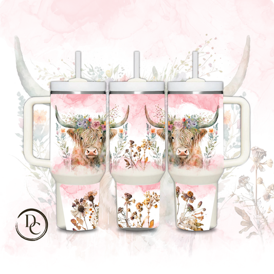 Pink Floral Highland Cow 30 oz & 40 Oz Custom Sublimation Tumbler Stainless Steel Insulated