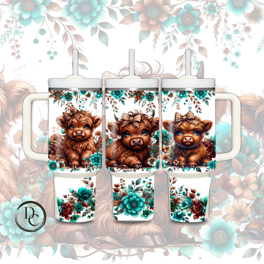 Brown Highland Cow Floral 30 oz & 40 Oz Custom Sublimation Tumbler Stainless Steel Insulated