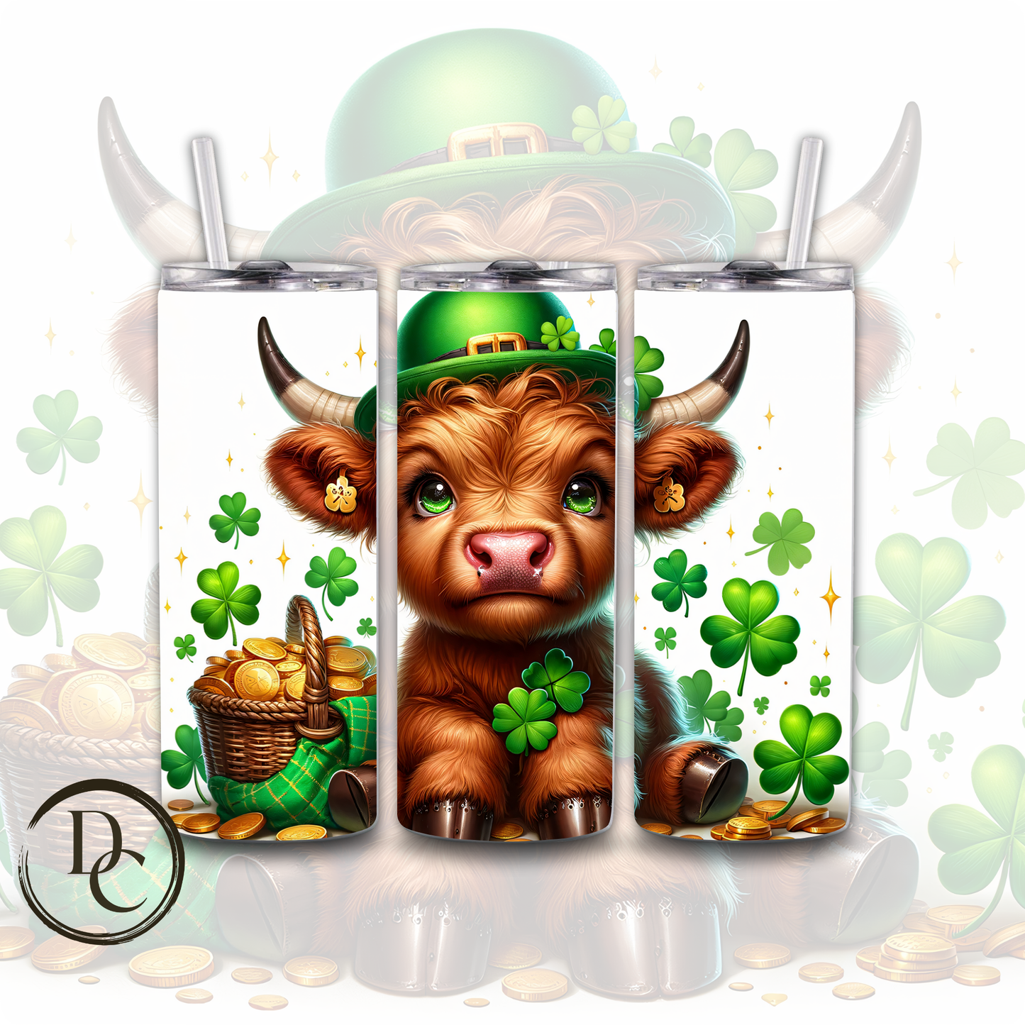 Highland Cow Clovers Pot of Gold ST Patrick Day 20 oz Custom Sublimation Tumbler Stainless Steel Insulated