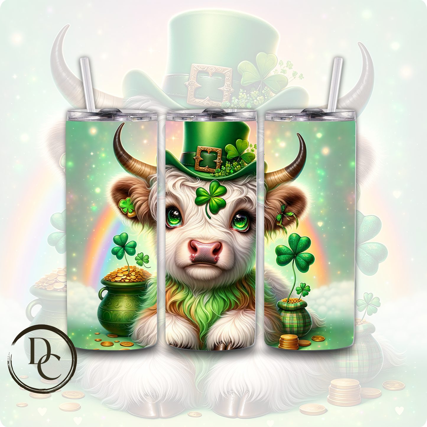 Highland Cow Clovers Pot Of Gold ST Patrick Day 20 oz Custom Sublimation Tumbler Stainless Steel Insulated