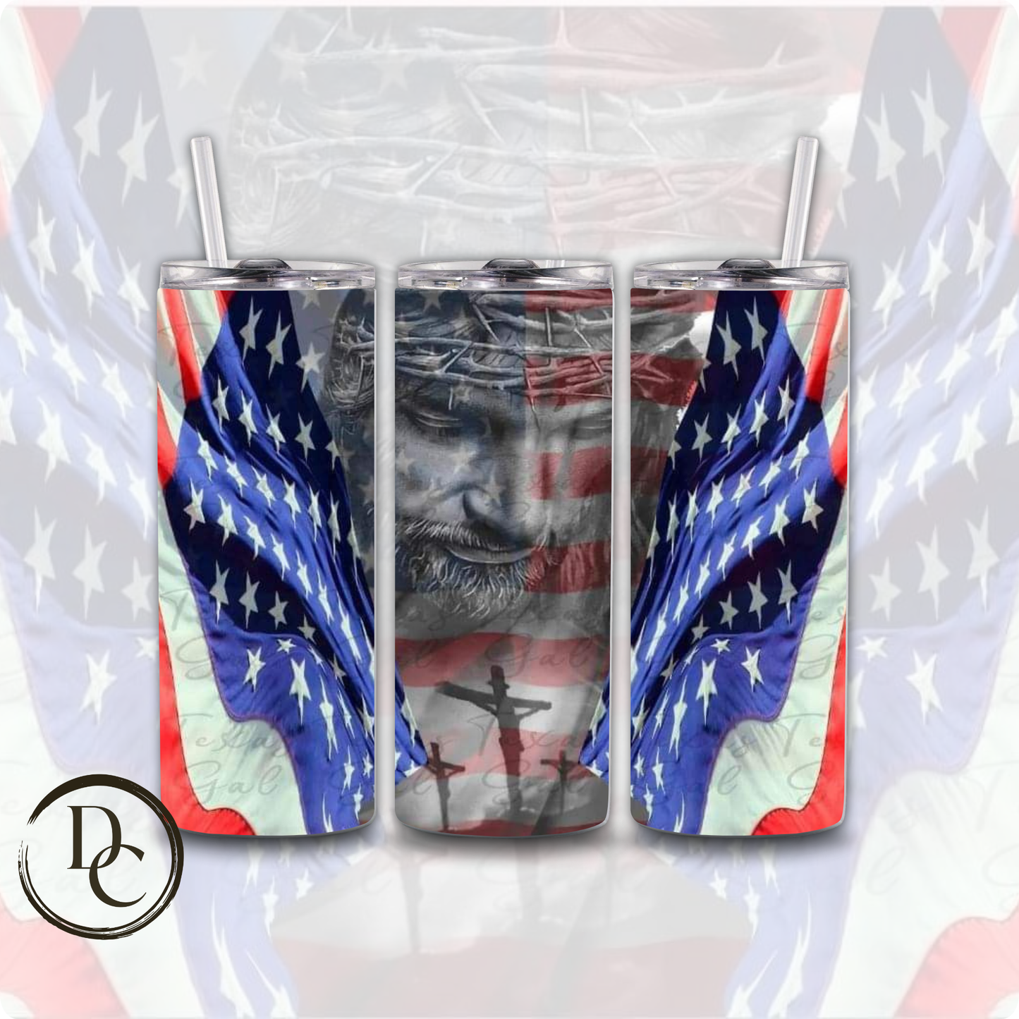 Jesus Crosses American Flag Religious 20 oz Custom Sublimation Tumbler Stainless Steel Insulated 