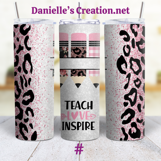 Teach Love Inspire Leopard Print Teacher 20 oz Custom Sublimation Tumbler Stainless Steel