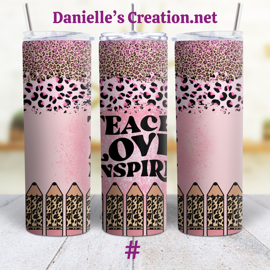 Teach Love Inspire Leopard Print Teacher 20 oz Custom Sublimation Tumbler Stainless Steel