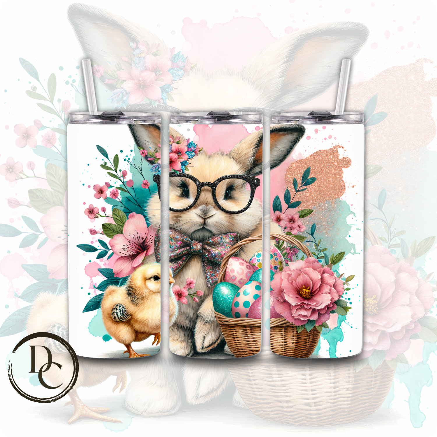 Teal Pink Easter Bunny 20 Oz Custom Sublimation Tumbler Stainless Steel Insulated