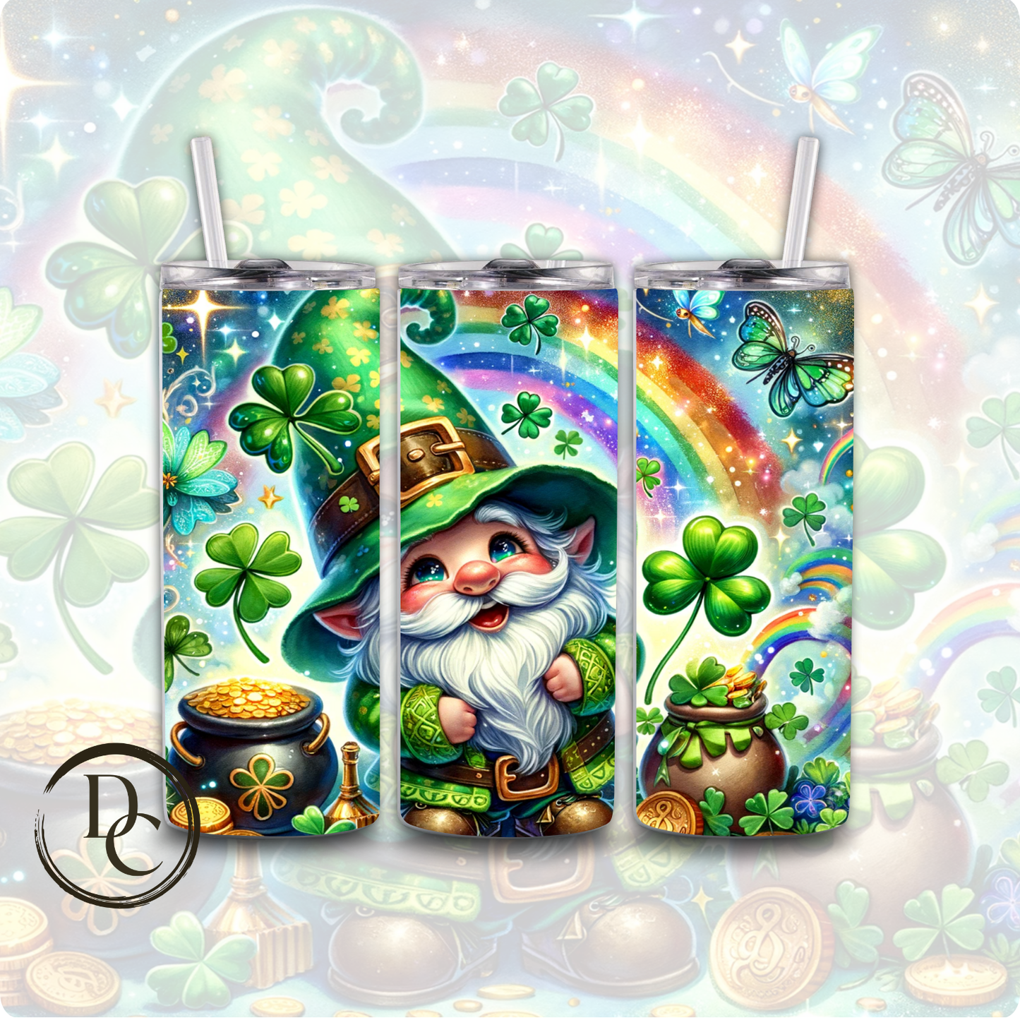 Gnomes St Patrick's Day Clover pot of Gold Rainbow 20 oz Custom Sublimation Tumbler Stainless Steel Insulated 10