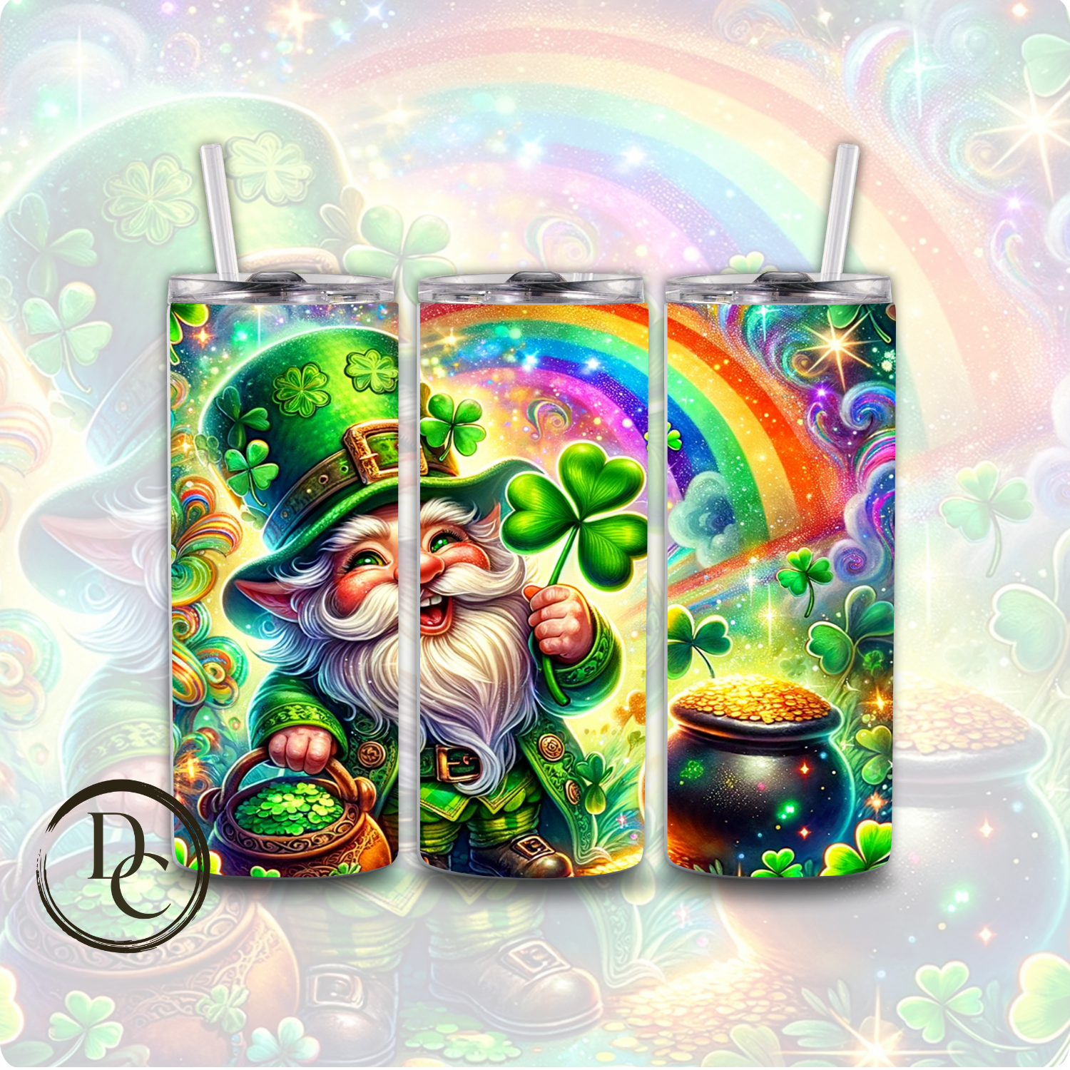 Gnomes St Patrick's Day Clover pot of Gold Rainbow 20 oz Custom Sublimation Tumbler Stainless Steel Insulated 