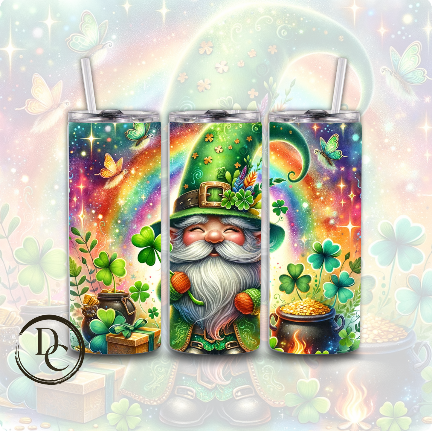 Gnomes St Patrick's Day Clover pot of Gold Rainbow 20 oz Custom Sublimation Tumbler Stainless Steel Insulated 