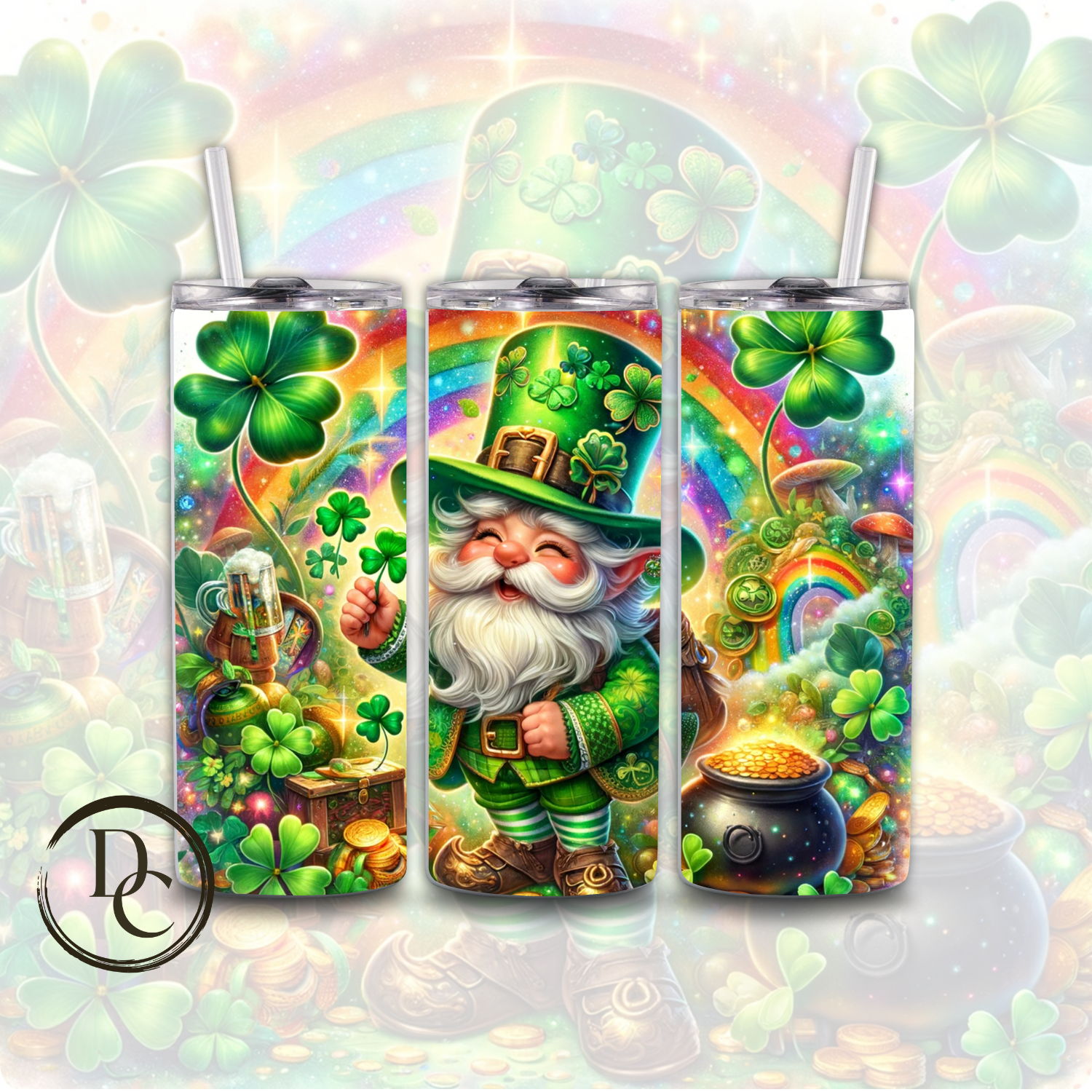 Gnomes St Patrick's Day Clover pot of Gold Rainbow 20 oz Custom Sublimation Tumbler Stainless Steel Insulated 