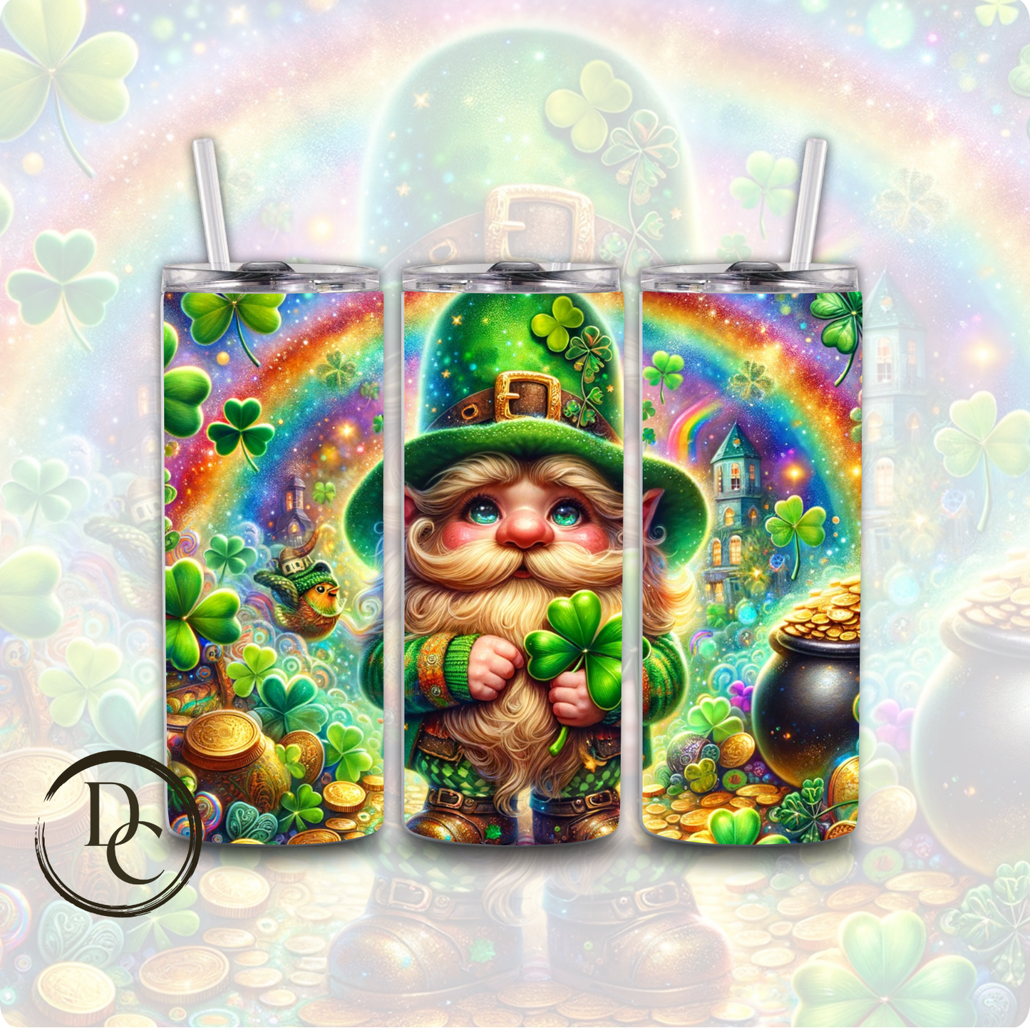 Gnomes St Patrick's Day Clover pot of Gold Rainbow 20 oz Custom Sublimation Tumbler Stainless Steel Insulated 