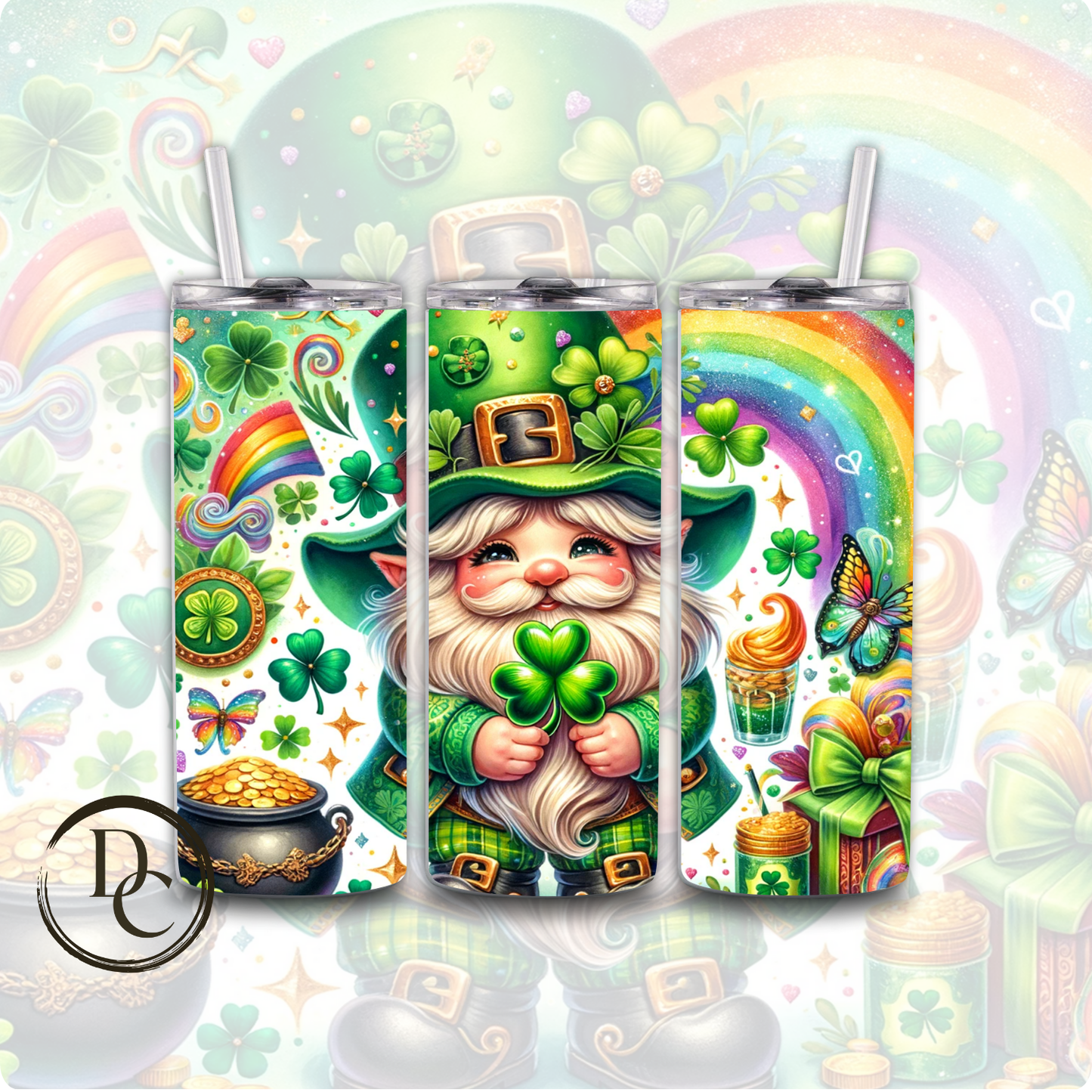 Gnomes St Patrick's Day Clover pot of Gold Rainbow 20 oz Custom Sublimation Tumbler Stainless Steel Insulated 