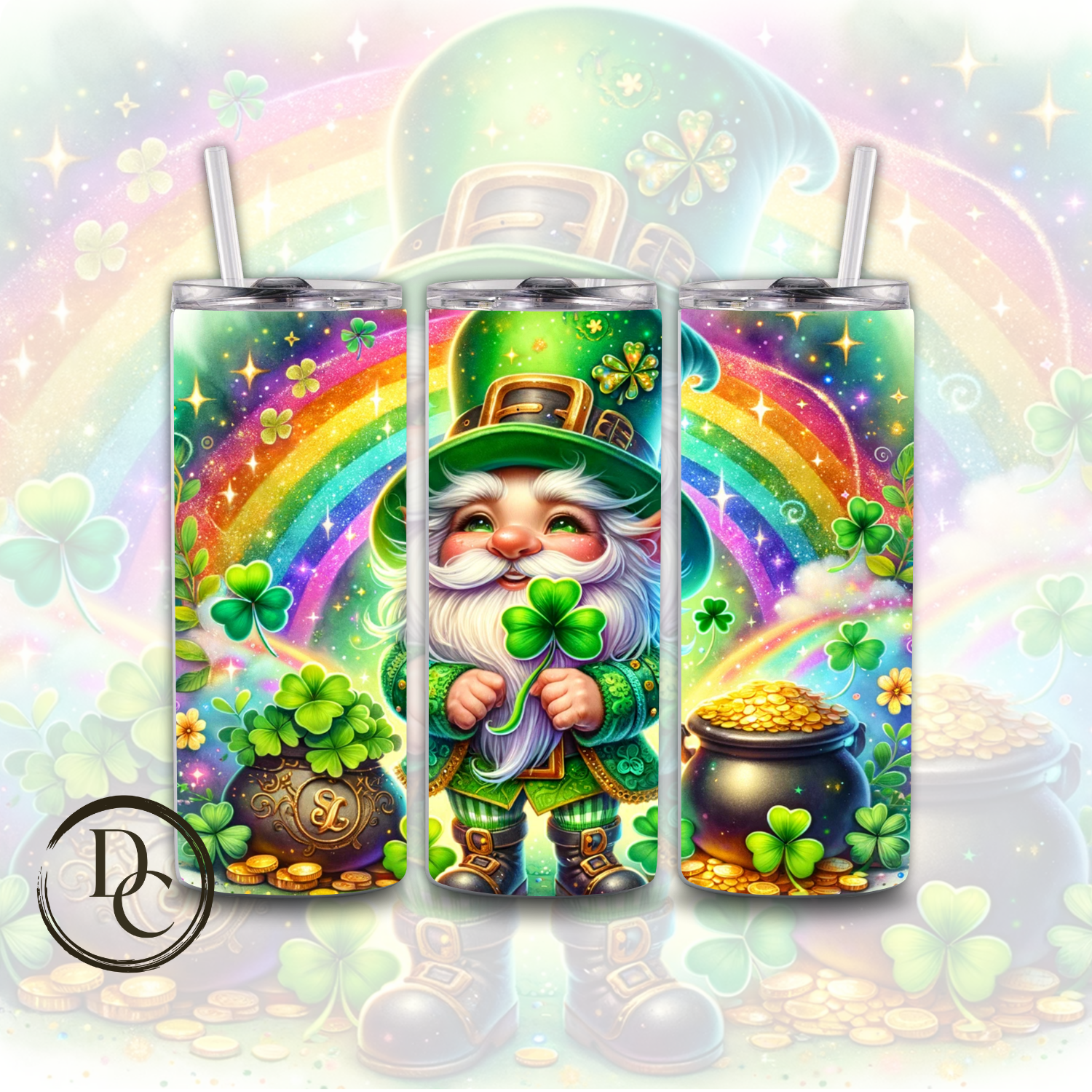 Gnomes St Patrick's Day Clover pot of Gold Rainbow 20 oz Custom Sublimation Tumbler Stainless Steel Insulated 