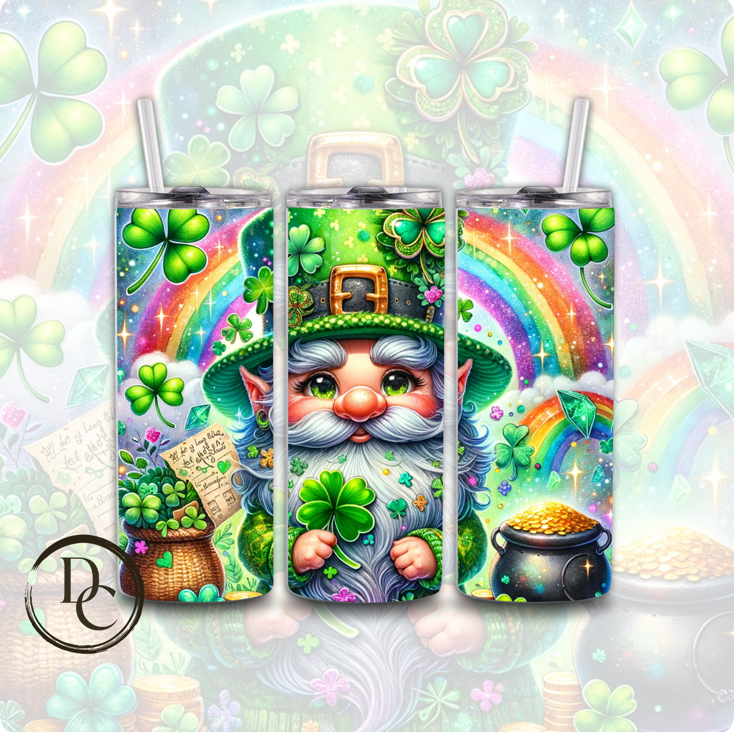 Gnomes St Patrick's Day Clover pot of Gold Rainbow 20 oz Custom Sublimation Tumbler Stainless Steel Insulated 