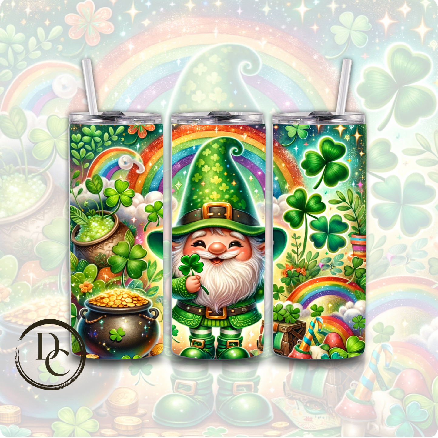 Gnomes St Patrick's Day Clover pot of Gold 20 oz Custom Sublimation Tumbler Stainless Steel Insulated 3