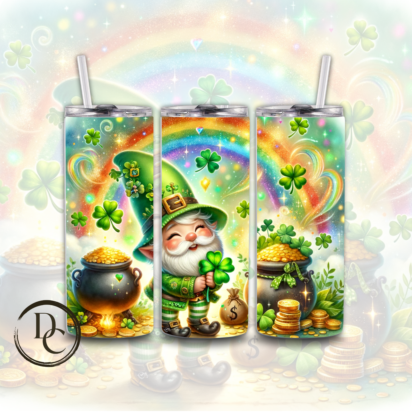 Gnomes St Patrick's Day Clover pot of Gold 20 oz Custom Sublimation Tumbler Stainless Steel Insulated 