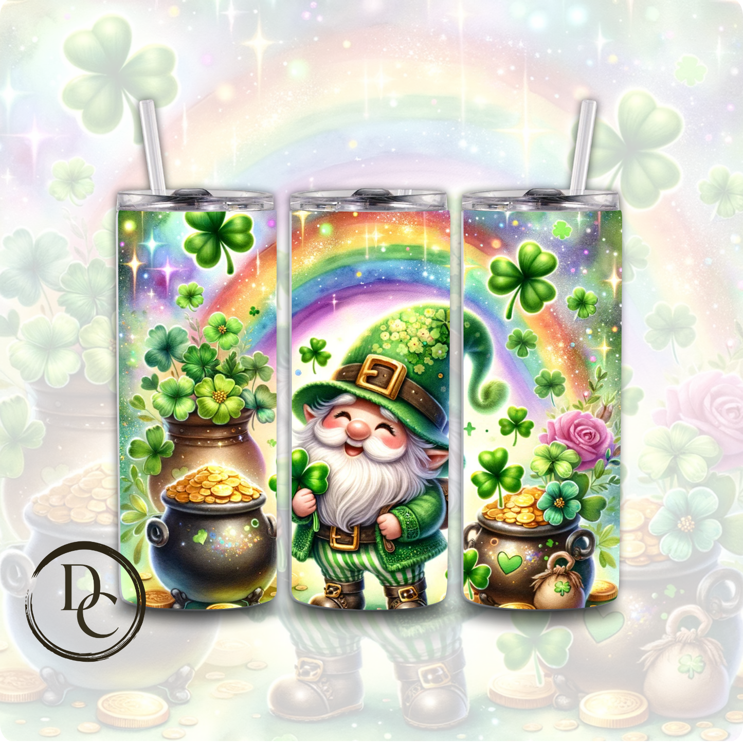 Gnomes St Patrick's Day Clover pot of Gold 20 oz Custom Sublimation Tumbler Stainless Steel Insulated 9